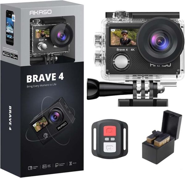 1AKASO Brave 4 4K30fps 20MP WiFi Action Camera Ultra Hd with EIS 131ft Waterproof Camera Remote Control 5xZoom Underwater Camcorder with 2 Batteries (1)