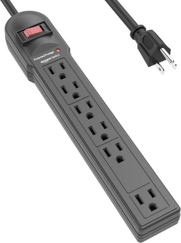 1Amazon Basics Rectangular 6-Outlet Surge Protector Power Strip, 6-Foot Long Cord, 790 Joule - Black