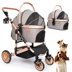 Pet Stroller with 4 Wheels, Foldable Pet Travel Carrier for SmallMedium Dogs Cats up to 50lbs, Detachble Portable Pet Bag, Storage Basket, Car Seat 3 in 1 Multifunctional