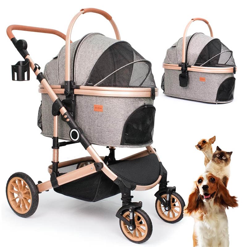 Pet Stroller with 4 Wheels, Foldable Pet Travel Carrier for SmallMedium Dogs Cats up to 50lbs, Detachble Portable Pet Bag, Storage Basket, Car Seat 3 in 1 Multifunctional