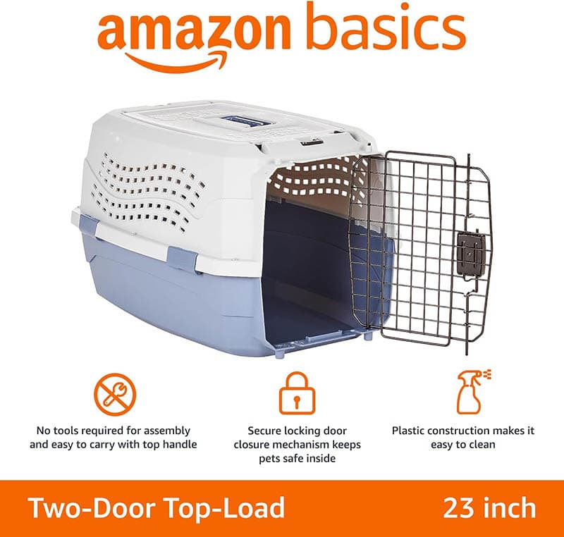 2Amazon Basics – 2-Door Top-Load Hard-Sided Dogs, Cats Pet Travel Carrier, Gray & Blue