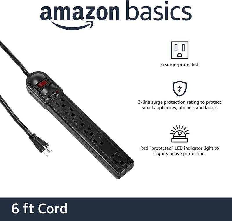 2Amazon Basics Rectangular 6-Outlet Surge Protector Power Strip, 6-Foot Long Cord, 790 Joule – Black