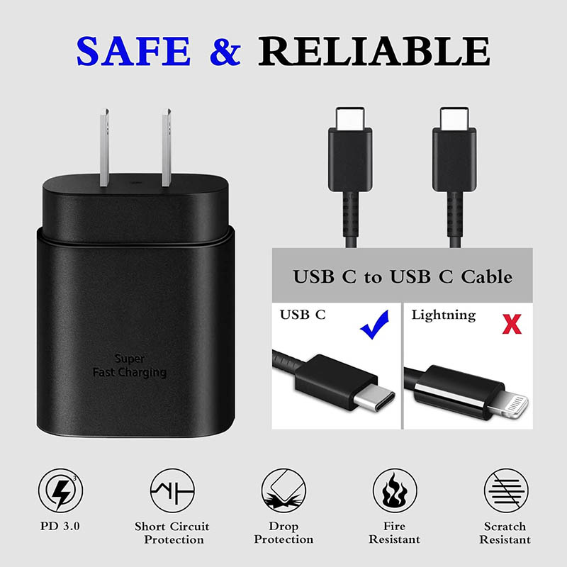 3Type C Charger, 2-Pack 25W Type C Super Fast Charging Block with 6ft USB C Charger Cable Compatible with Galaxy