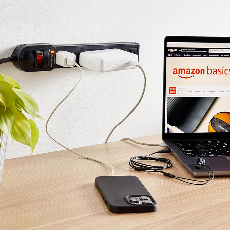 6Amazon Basics Rectangular 6-Outlet Surge Protector Power Strip, 6-Foot Long Cord, 790 Joule – Black